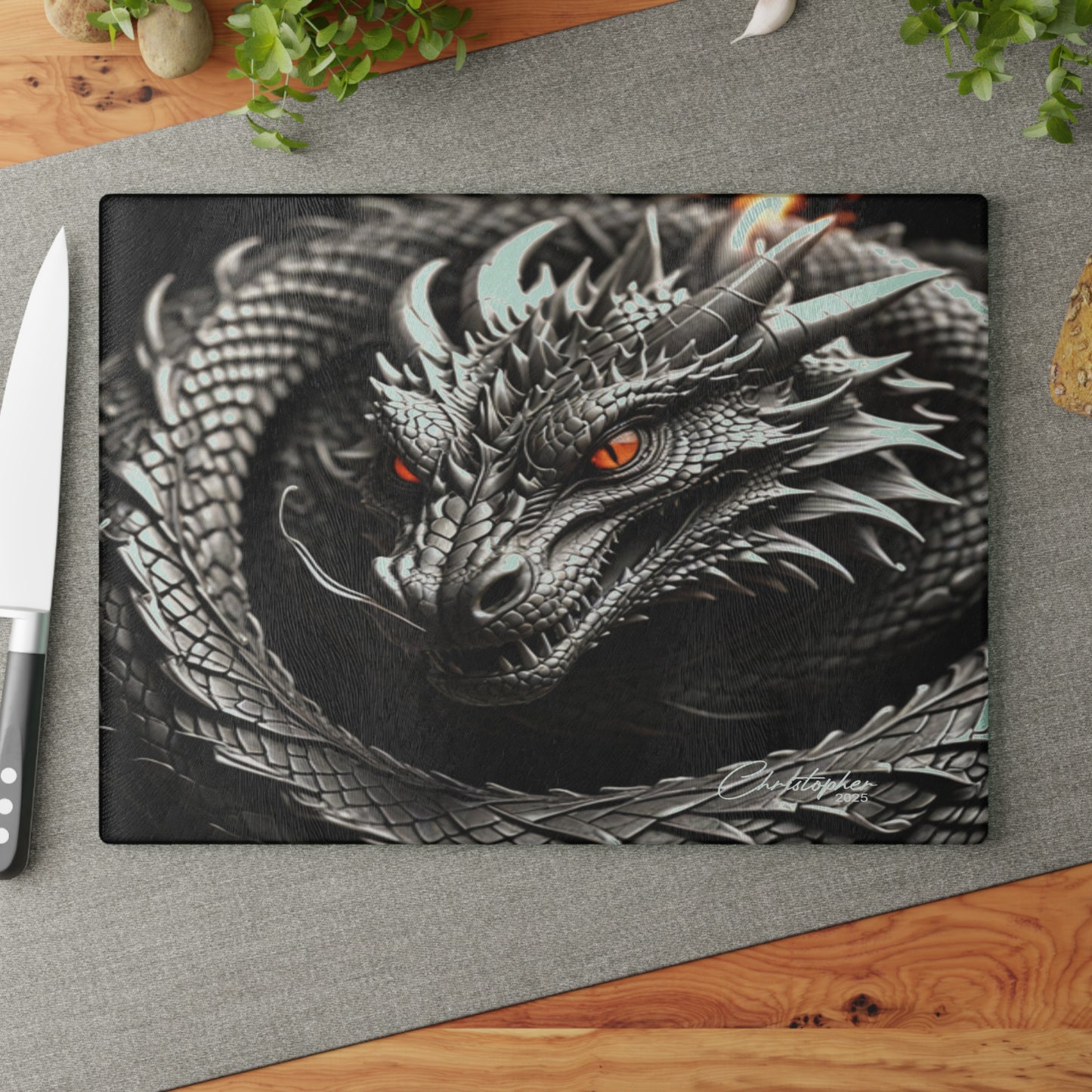 Dragon-Themed Glass Cutting Board, Kitchen Decor, Unique Gift for Chefs, Fantasy Homeware, Gift for Foodies, Dragon Art Cutting Board