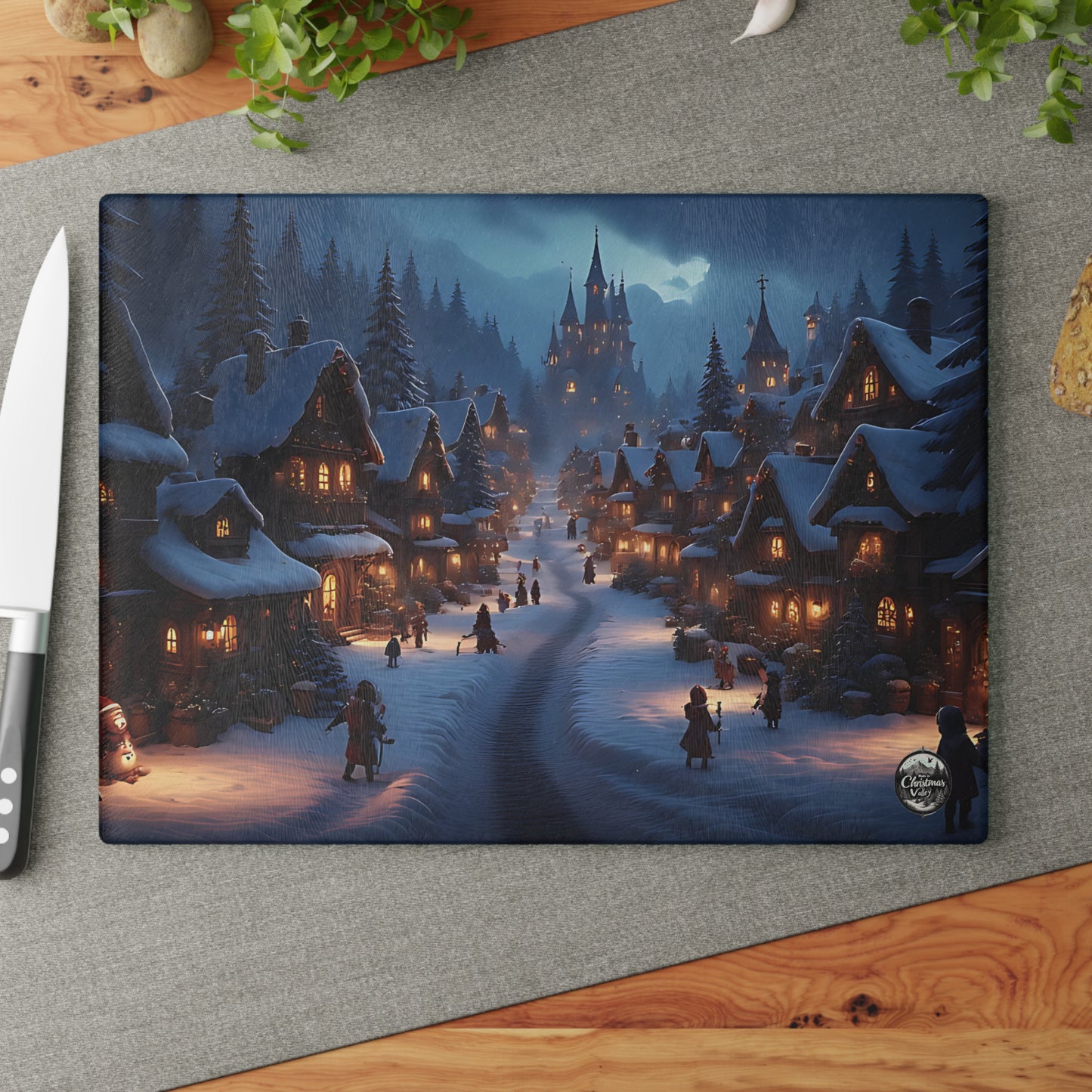 Winter Village Glass Cutting Board, Holiday Kitchen Decor, Christmas Gift, Decorative Cutting Board, Festive Home Accessory, Winter Cooking