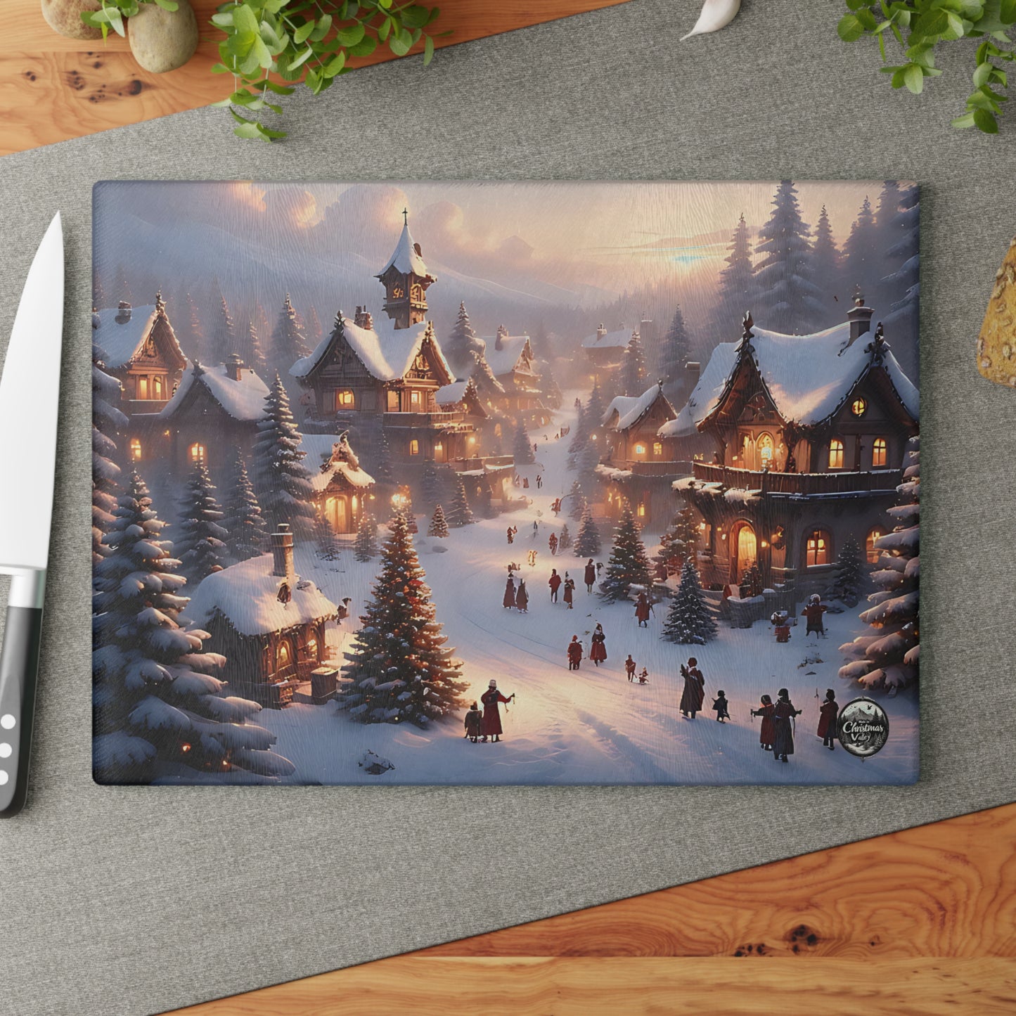 Cozy Winter Glass Cutting Board - Festive Kitchen Decor, Holiday Gift, Unique Culinary Art, Christmas Serving Tray, Seasonal Home Accent