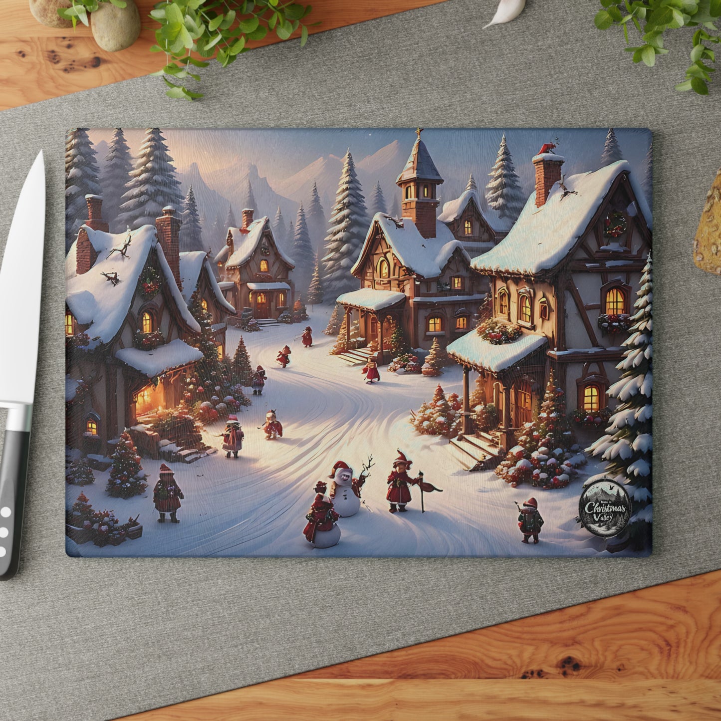 Charming Winter Village Glass Cutting Board, Holiday Kitchen Decor, Unique Gift for Home Chefs, Christmas Celebration, Rustic Style