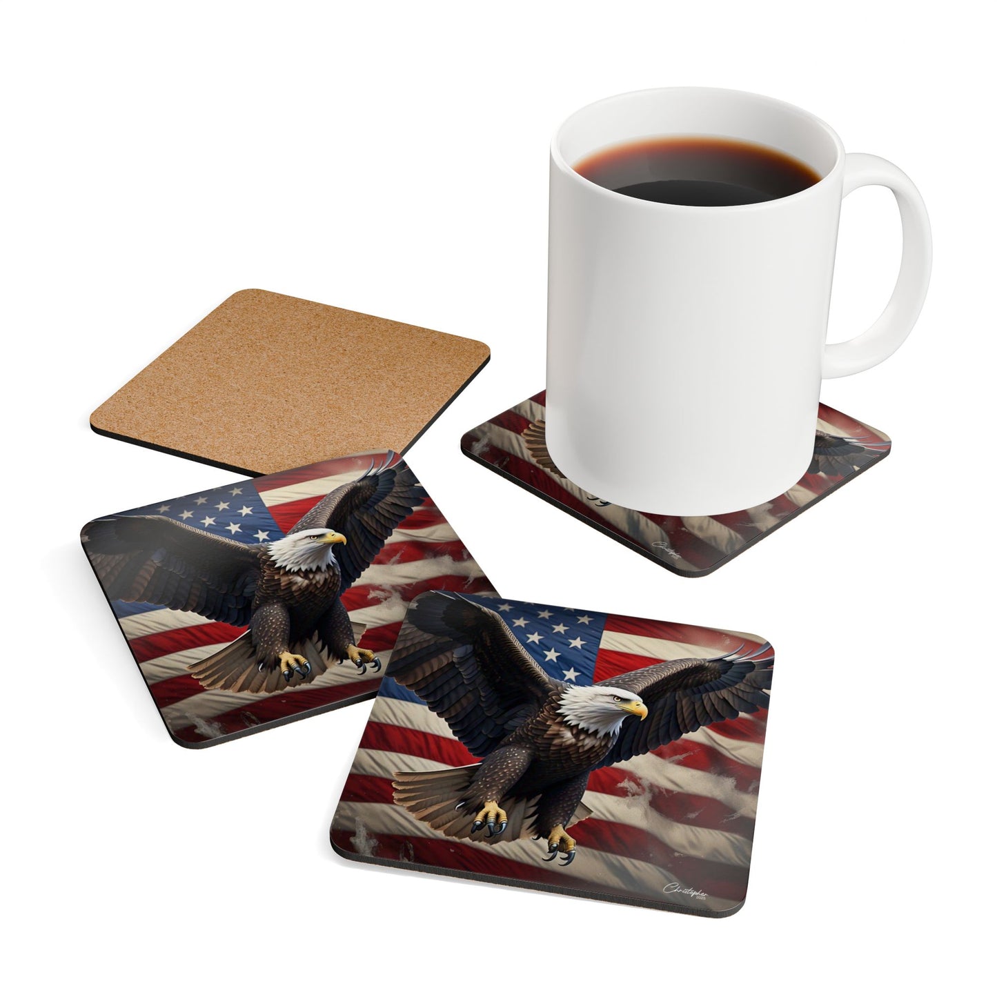 Patriotic Eagle Cork Coaster Set, Rustic Home Decor, Drinkware Accessories, Gift for Veterans, Fourth of July Decorations, USA Pride
