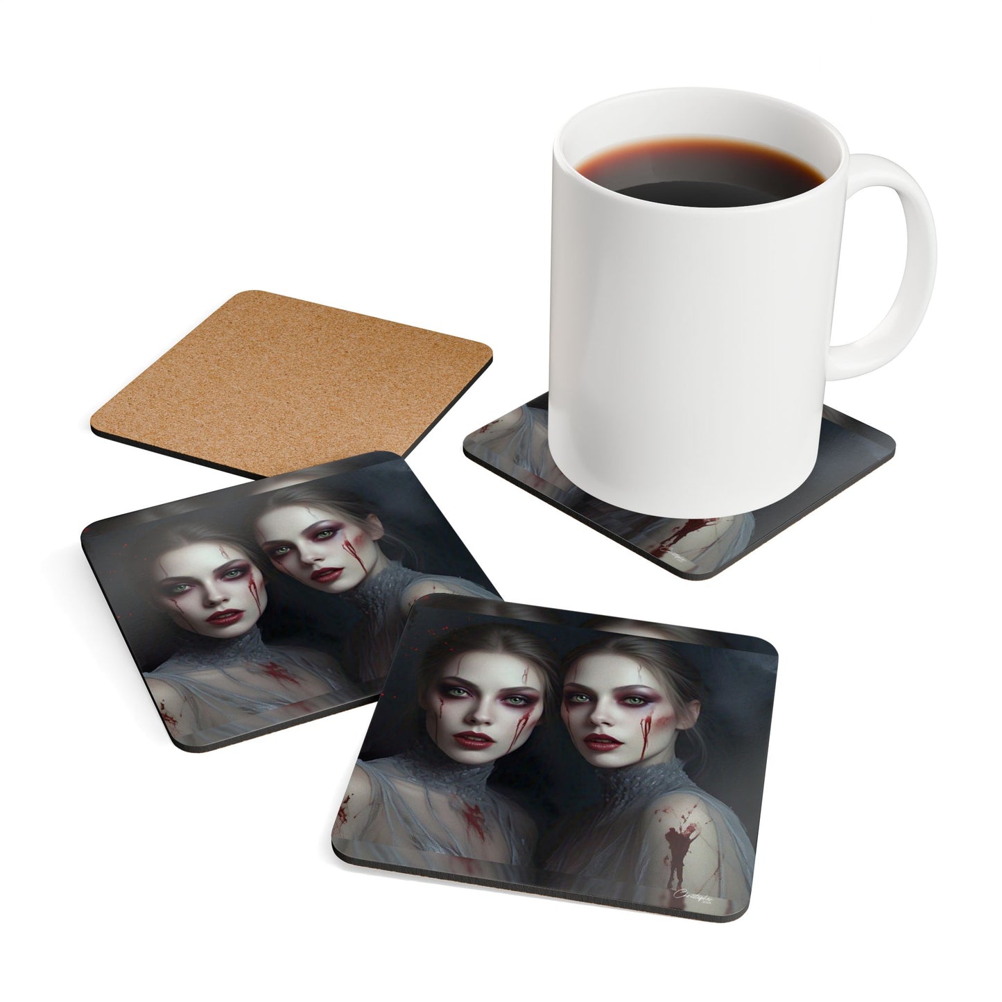 Eerie Halloween Cork Coaster Set | Spooky Drinkware | Home Decor for Goth Lovers | Unique Gift for Parties, Witchy Vibes, Blood Art Coasters