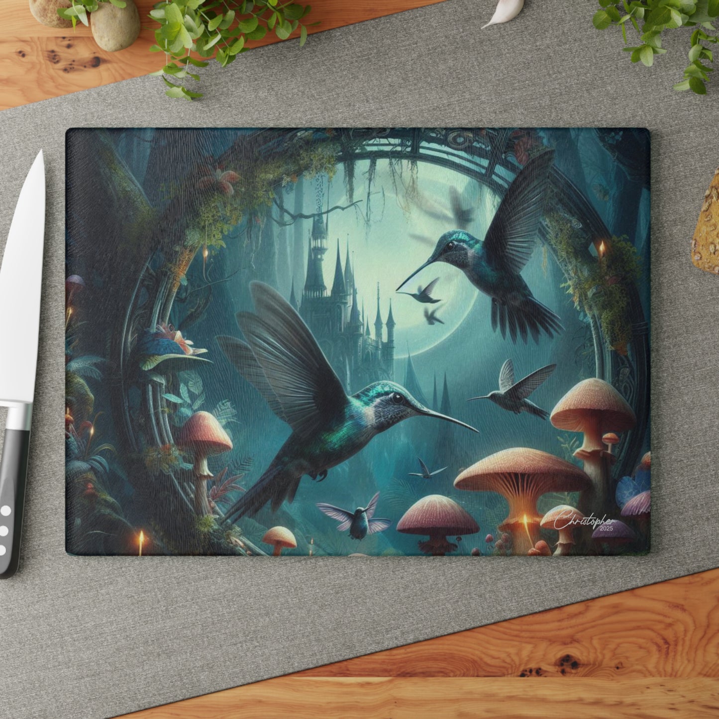 Enchanting Hummingbird Glass Cutting Board - Magical Kitchen Decor