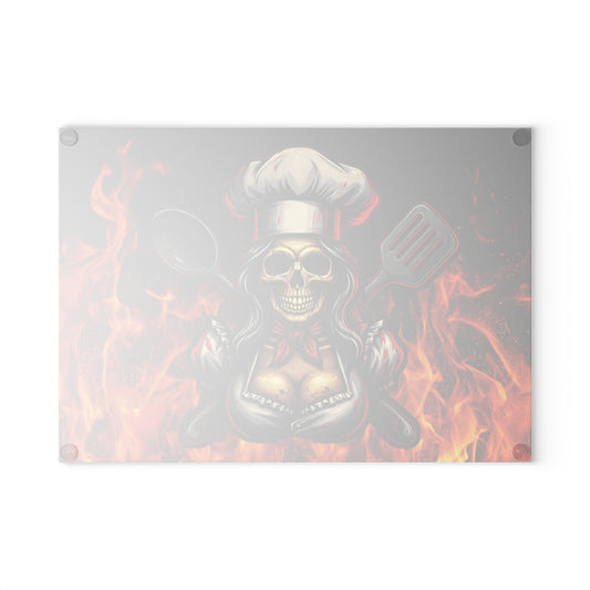 Sassy Skull Chef Glass Cutting Board - Fire & Spice Cooking Accessory