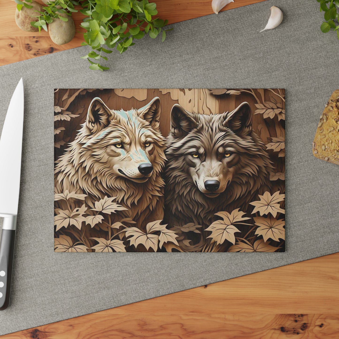 Wolf Family Glass Cutting Board, Kitchen Decor, Rustic Chopping Board, Gift for Nature Lovers, Wildlife Art, Home Cooking