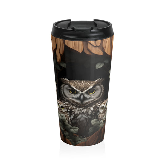 Rustic Owl Stainless Steel Travel Mug, Eco-Friendly Coffee Cup, Nature Lover Gift, Autumn Decor, Wildlife Travel Mug