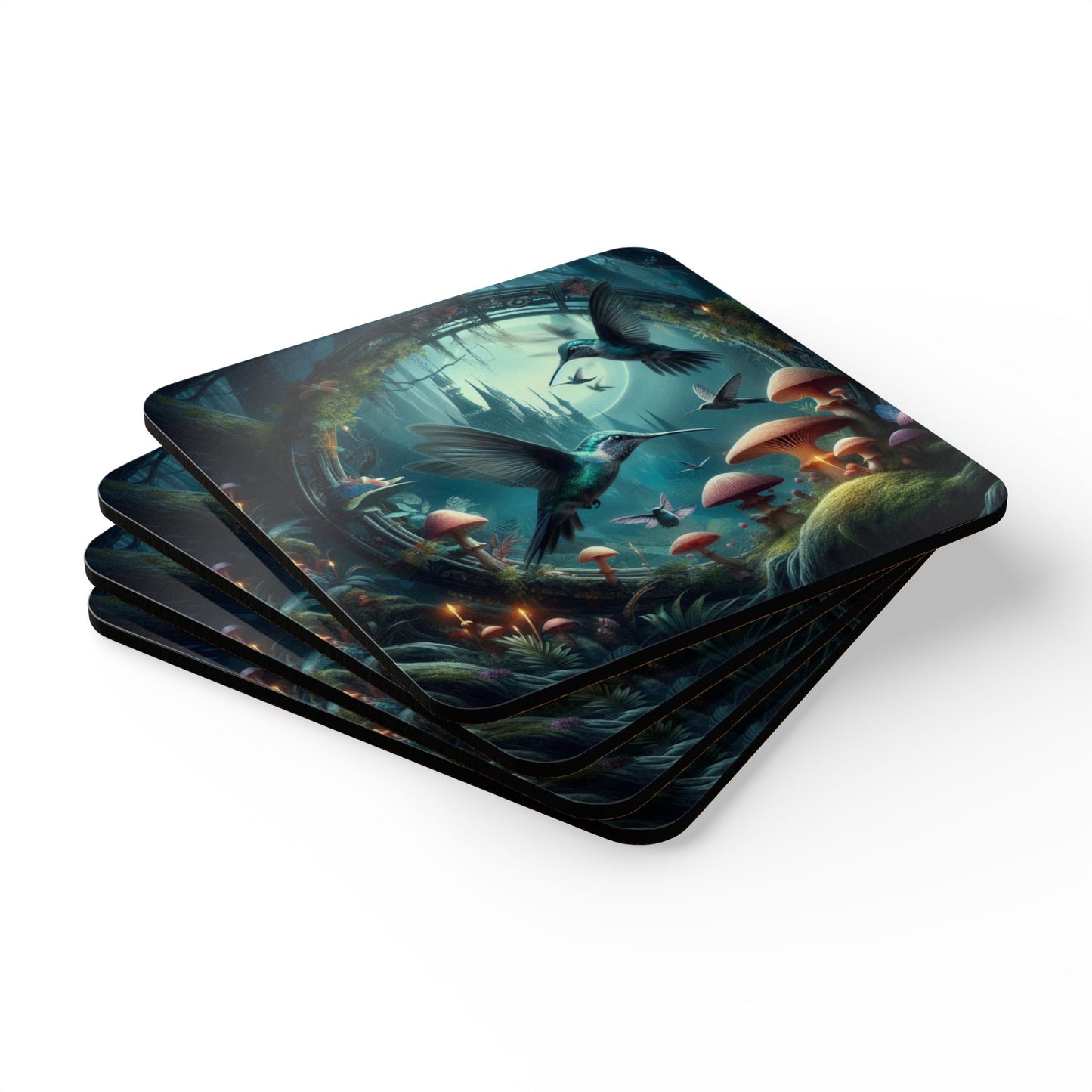 Enchanting Hummingbird Cork Coaster Set - Magical Forest Design