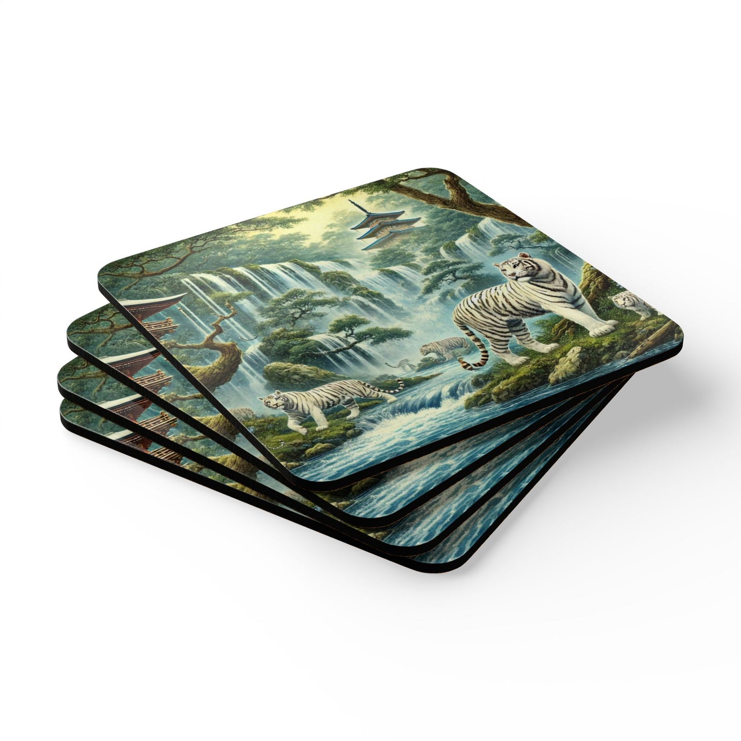 Tiger Fantasy Corkwood Coaster Set - Nature Themed Drink Coasters for Home Décor