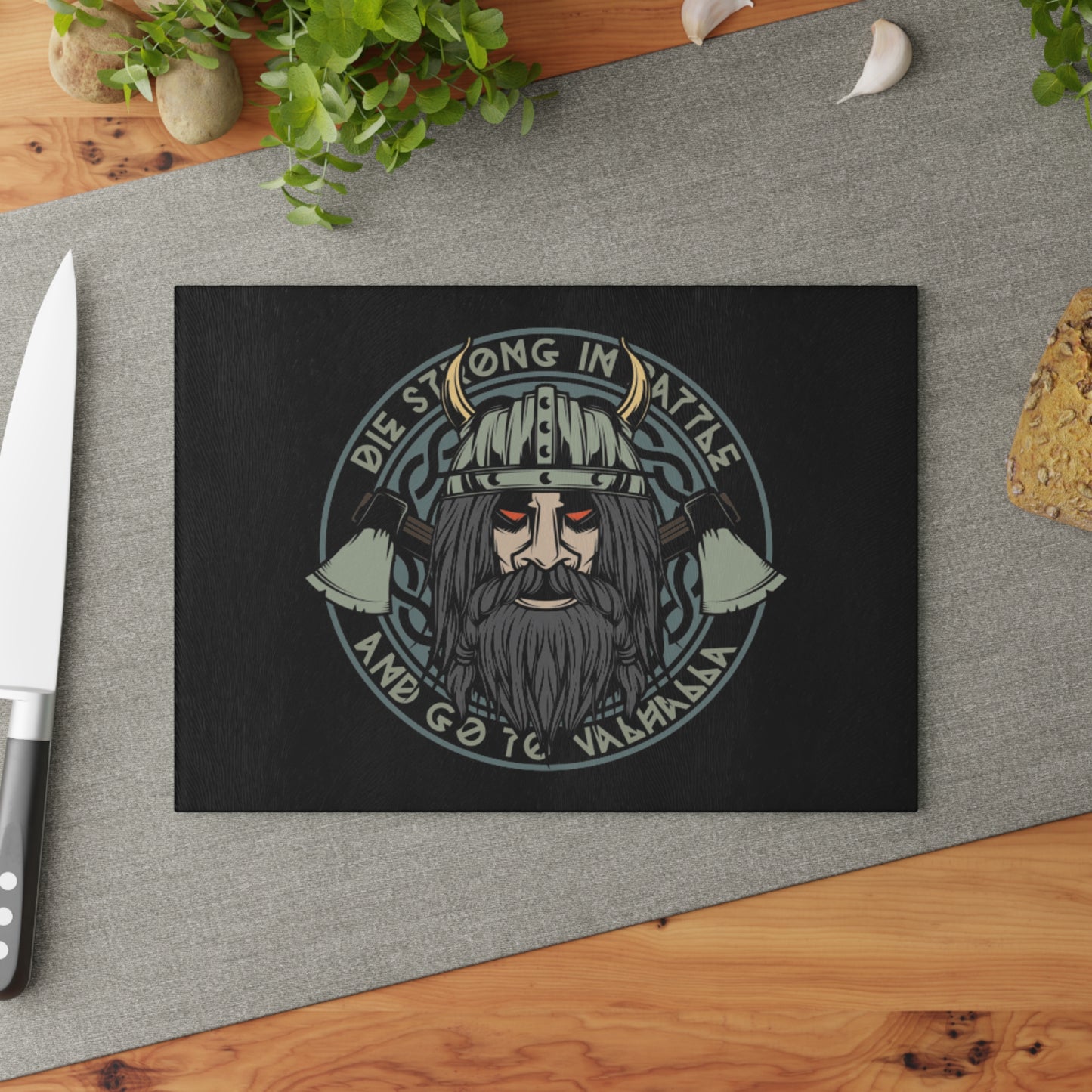 Viking Glass Cutting Board - 'Be Strong in Battle' Kitchen Decor