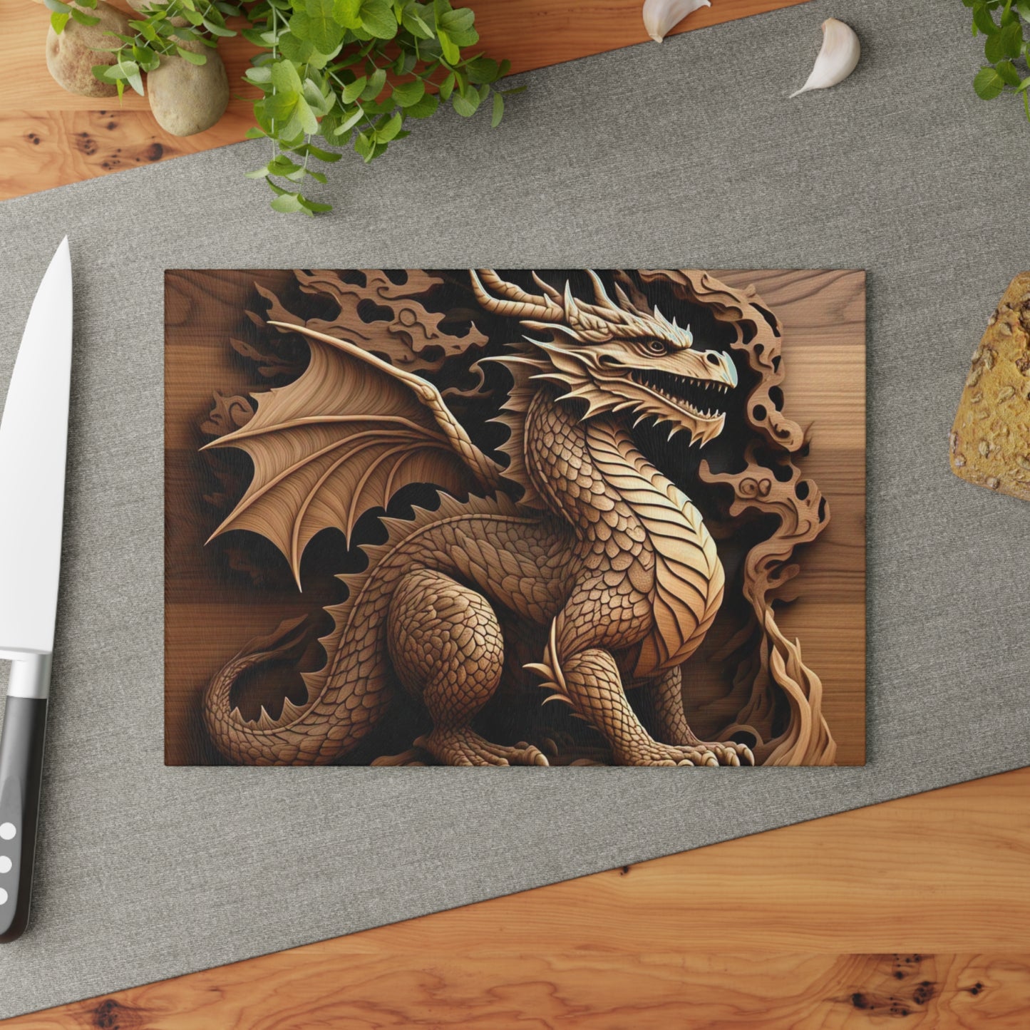 Dragon Design Glass Cutting Board | Unique Kitchen Decor, Gift for Chef, Fantasy Cooking Gift, Fantasy Home Decor, Kitchen Gadget