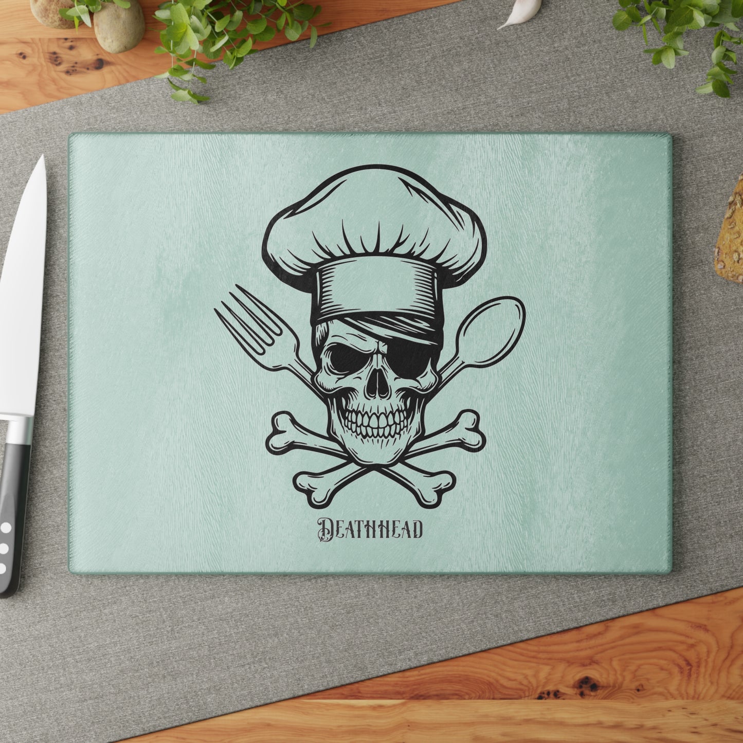 Skull Chef Glass Cutting Board - Edgy Kitchen Decor for Halloween & Culinary Enthusiasts