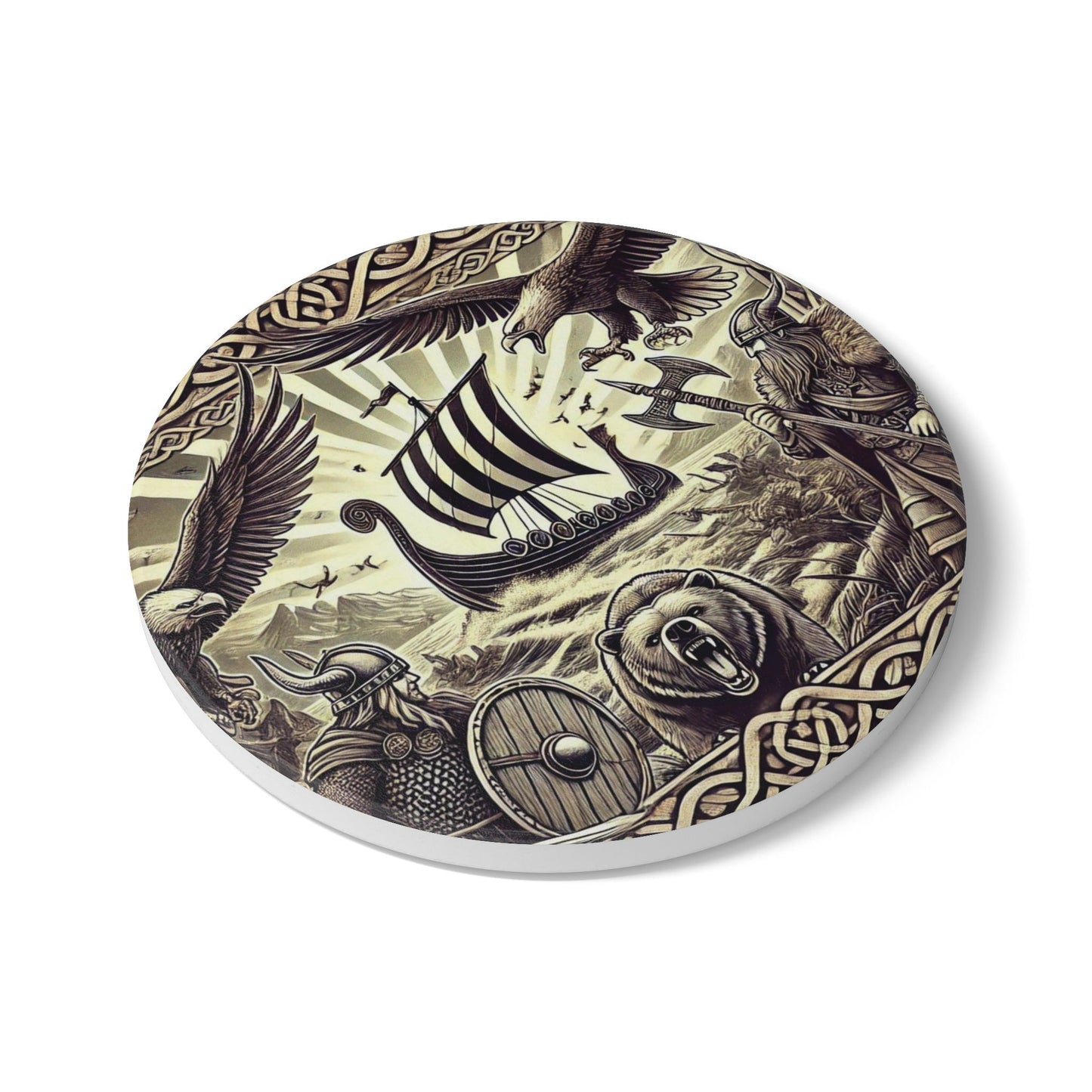 Norse Mythology Ceramic Coaster - Viking Art Decor, Rustic Drinkware, Gift for Men, Housewarming, Unique Bar Accessory