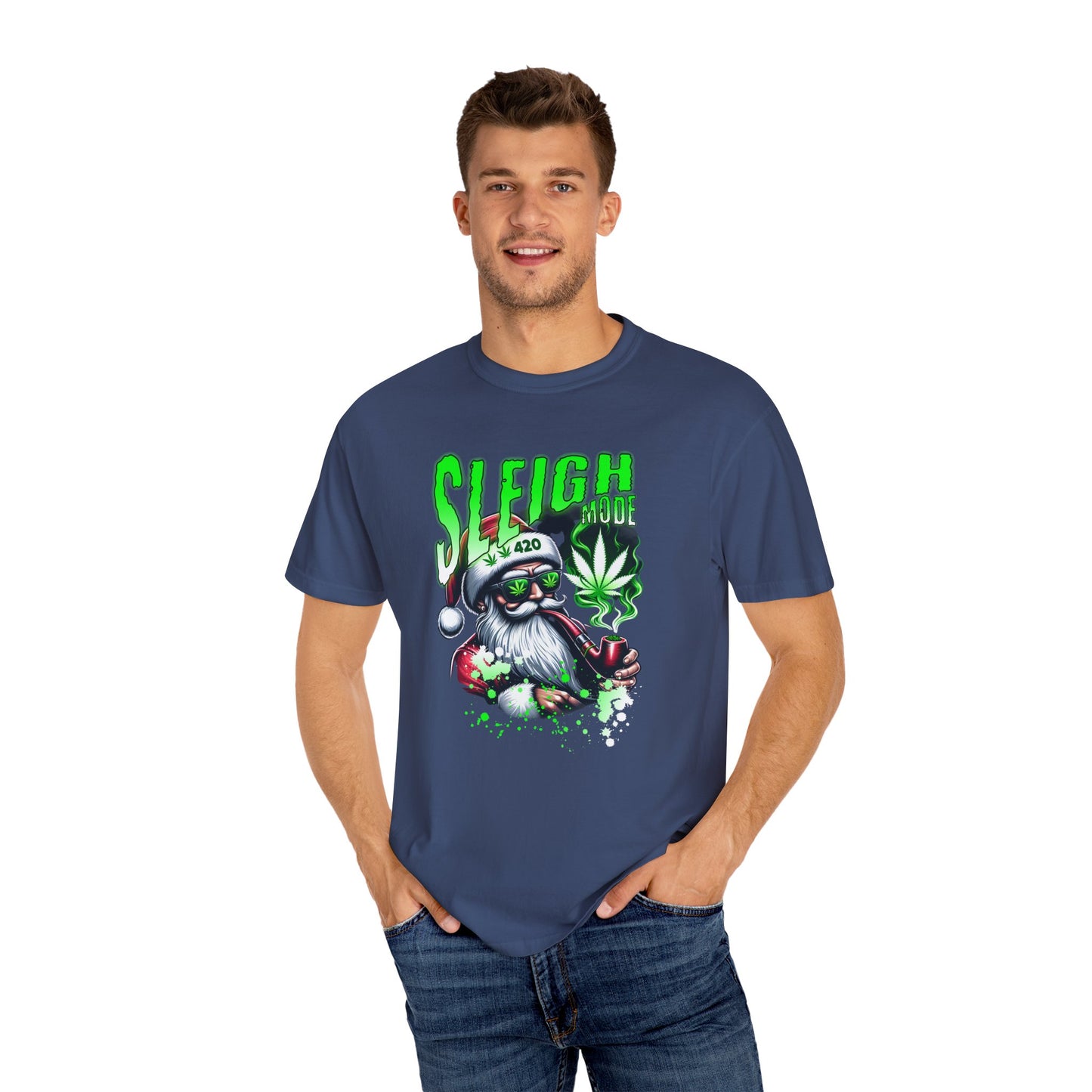 Sleigh Joe Graphic Tee, Unisex Holiday T-Shirt, Funny Christmas Shirt, Cannabis Santa Gift, Unique Tee for Parties