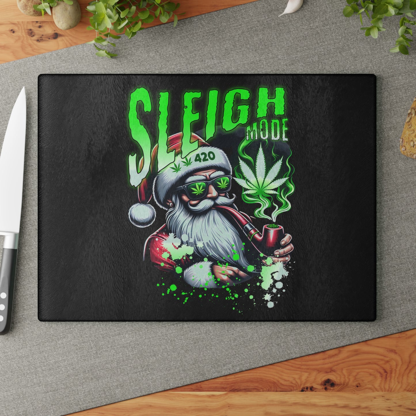 Sleigh Mode Glass Cutting Board | Fun Holiday Kitchen Decor, Unique Gift for Chefs, Christmas, Cannabis Enthusiasts, Holiday Entertaining
