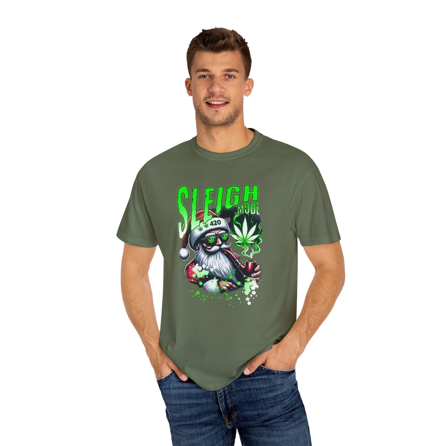 Sleigh Joe Graphic Tee, Unisex Holiday T-Shirt, Funny Christmas Shirt, Cannabis Santa Gift, Unique Tee for Parties