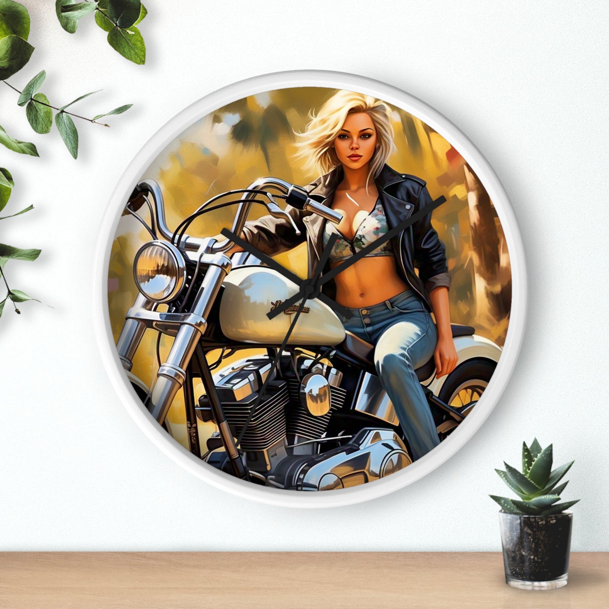 Vintage Biker Girl Wall Clock - Retro Motorcycle Decor, Gift for Bikers, Home Office Decoration, Harley Davidson Style