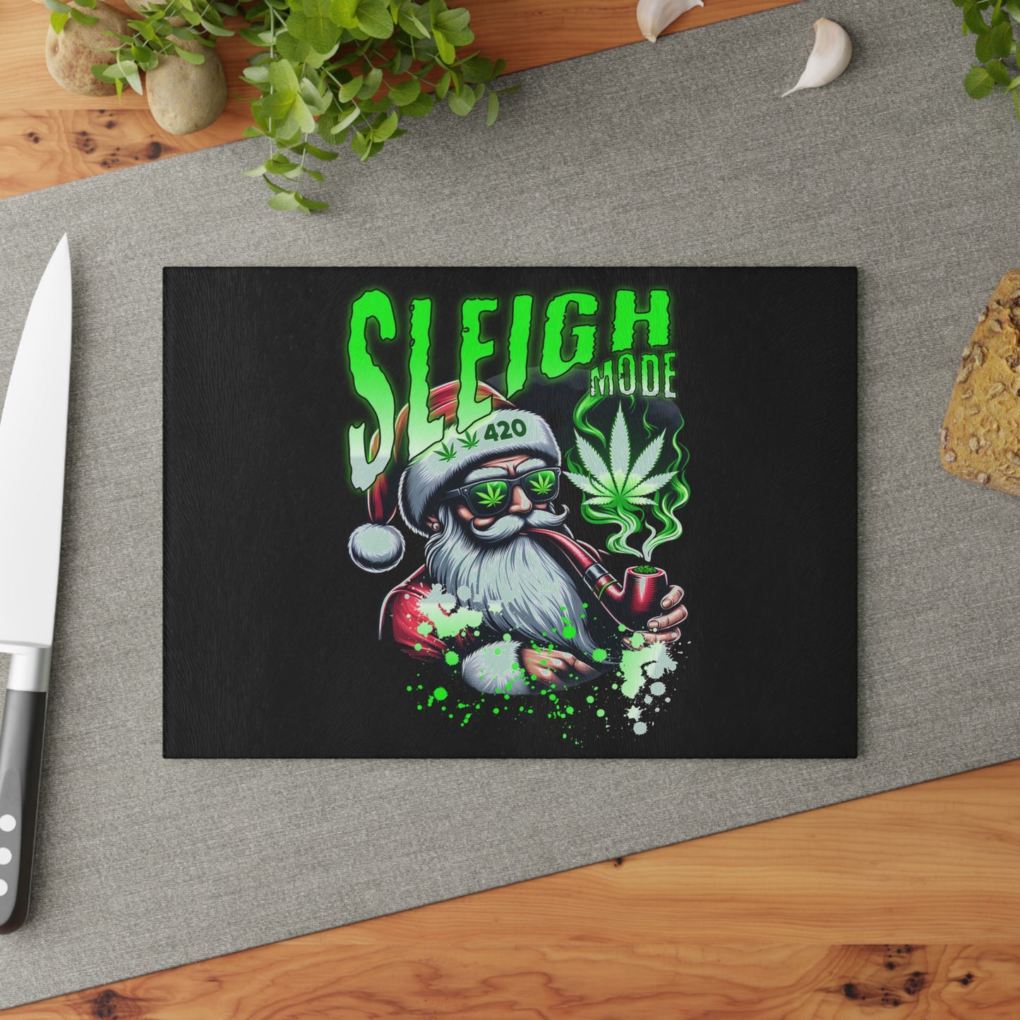 Sleigh Mode Glass Cutting Board | Fun Holiday Kitchen Decor, Unique Gift for Chefs, Christmas, Cannabis Enthusiasts, Holiday Entertaining