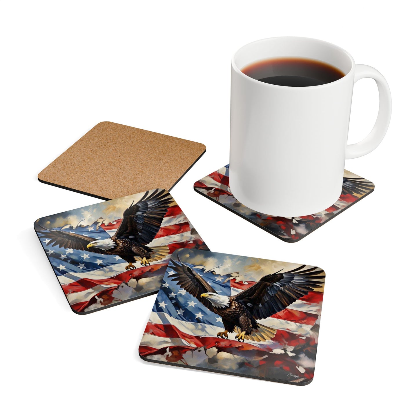 Patriotic Corkwood Coaster Set, American Eagle Coasters, Rustic Home Decor, Gift for Veterans, Fourth of July Decoration