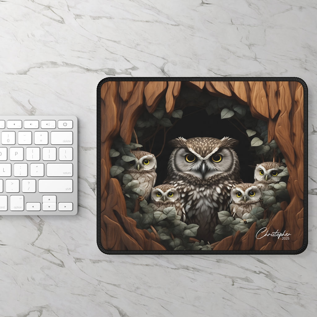 Woodland Owl Gaming Mouse Pad - Perfect Gift for Gamers, Nature Lovers, Home Office, Creative Workspaces, and Owl Enthusiasts.