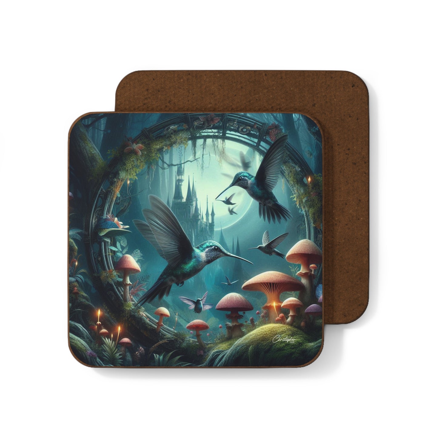 Enchanting Hummingbird Hardboard Coaster - Fantasy Forest Design