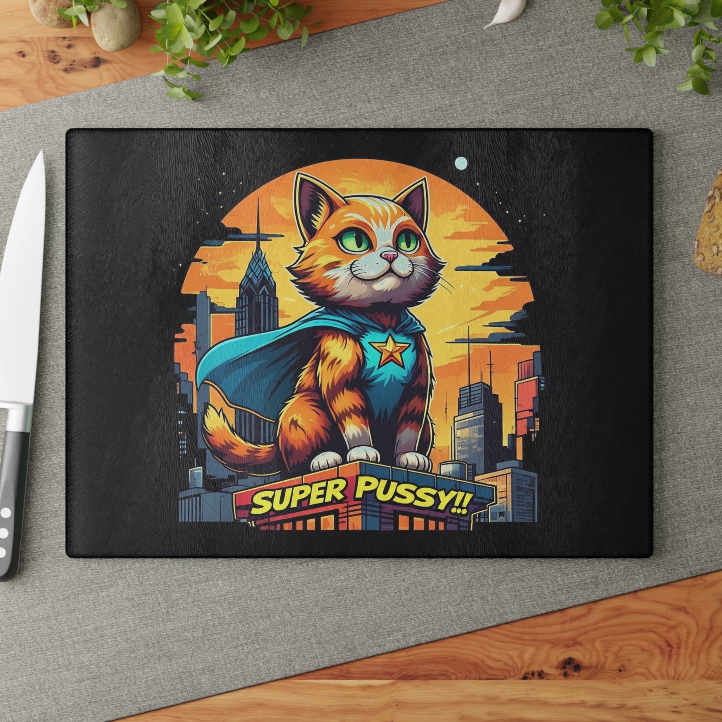 Heroic Cat Glass Cutting Board - Fun Kitchen Decor for Cat Lovers, Unique Gift for Pet Owners, Superhero Themed Kitchenware, Cat Lover [...]