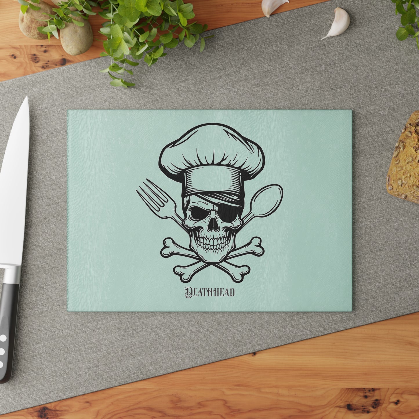 Skull Chef Glass Cutting Board - Edgy Kitchen Decor for Halloween & Culinary Enthusiasts