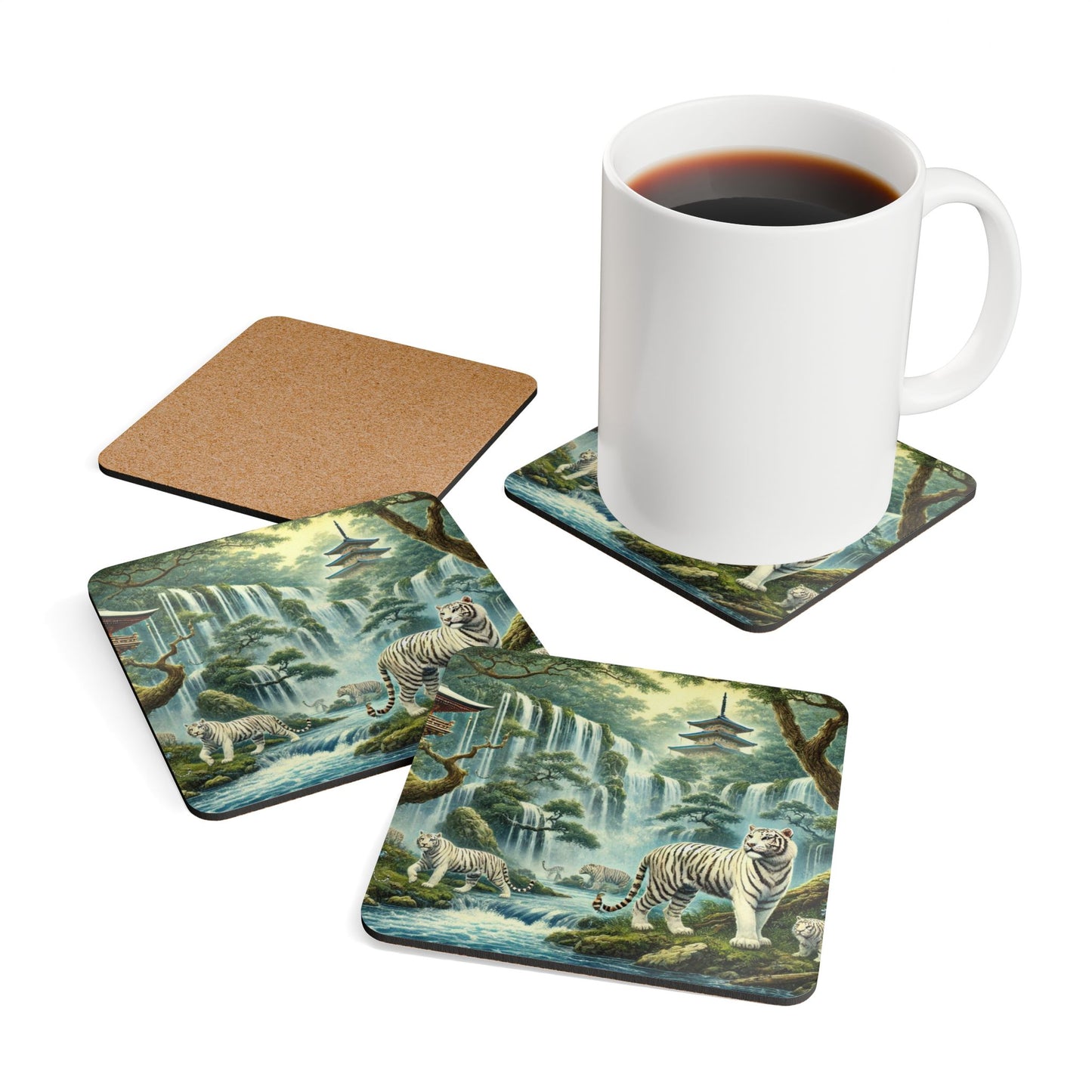 Tiger Fantasy Corkwood Coaster Set - Nature Themed Drink Coasters for Home Décor