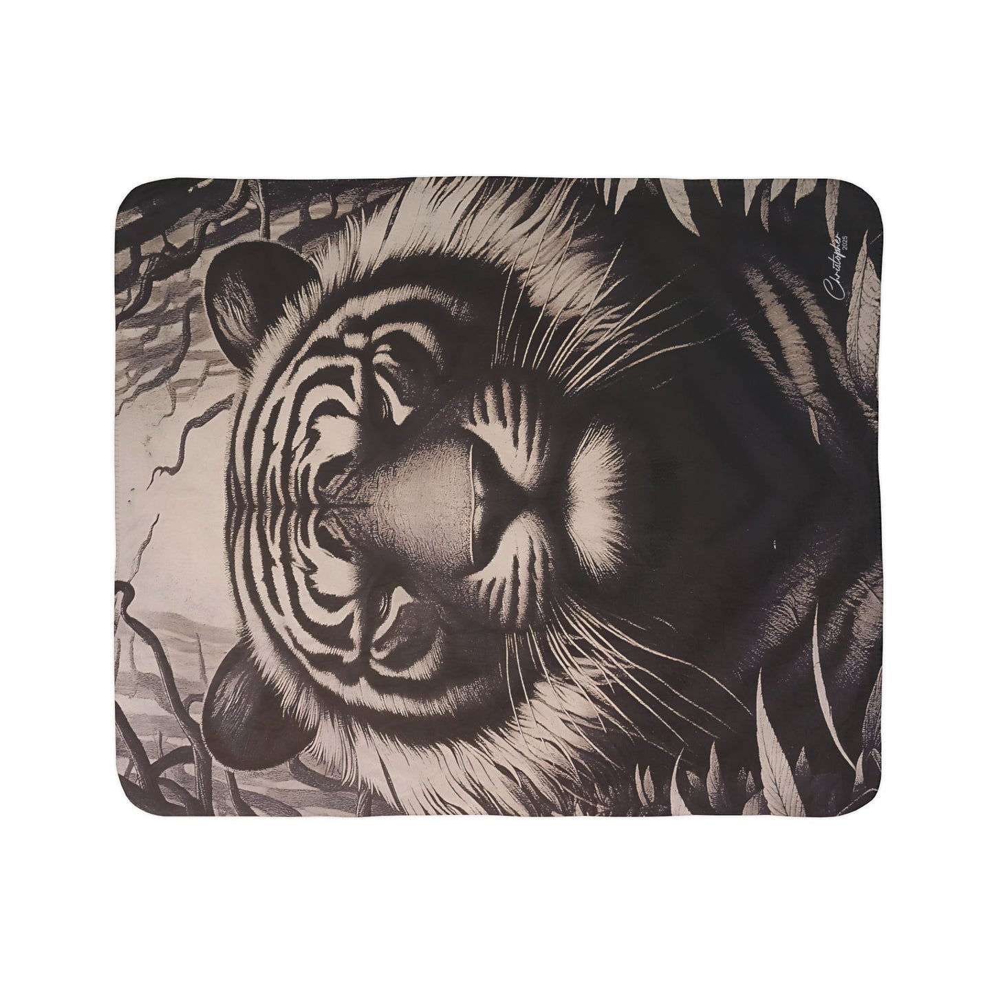 Laser Engraved Original Art Tiger Fleece Sherpa Blanket | Cozy Wildlife Throw for Animal Lovers, Home Decor, Gifts for Nature Enthusiasts, Indoor Comfort
