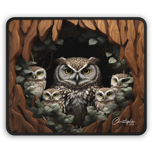 Woodland Owl Gaming Mouse Pad - Perfect Gift for Gamers, Nature Lovers, Home Office, Creative Workspaces, and Owl Enthusiasts.
