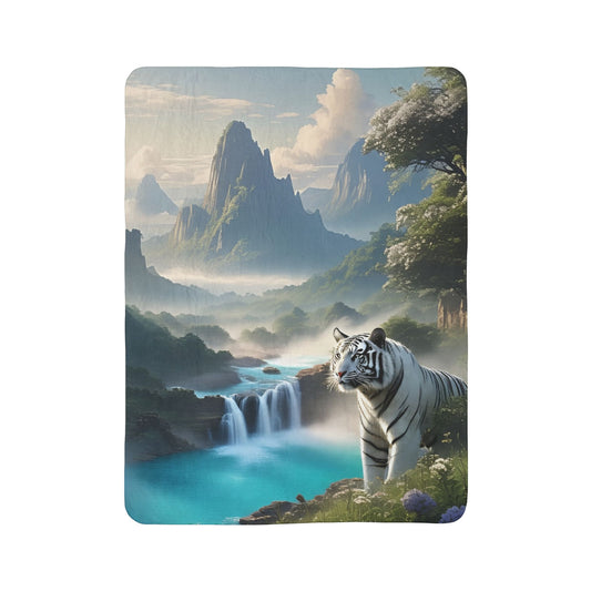 Fleece Sherpa Blanket with Majestic Tiger Landscape | Cozy Gift for Nature Lovers, Home Decor, Camping, Holiday Snuggles