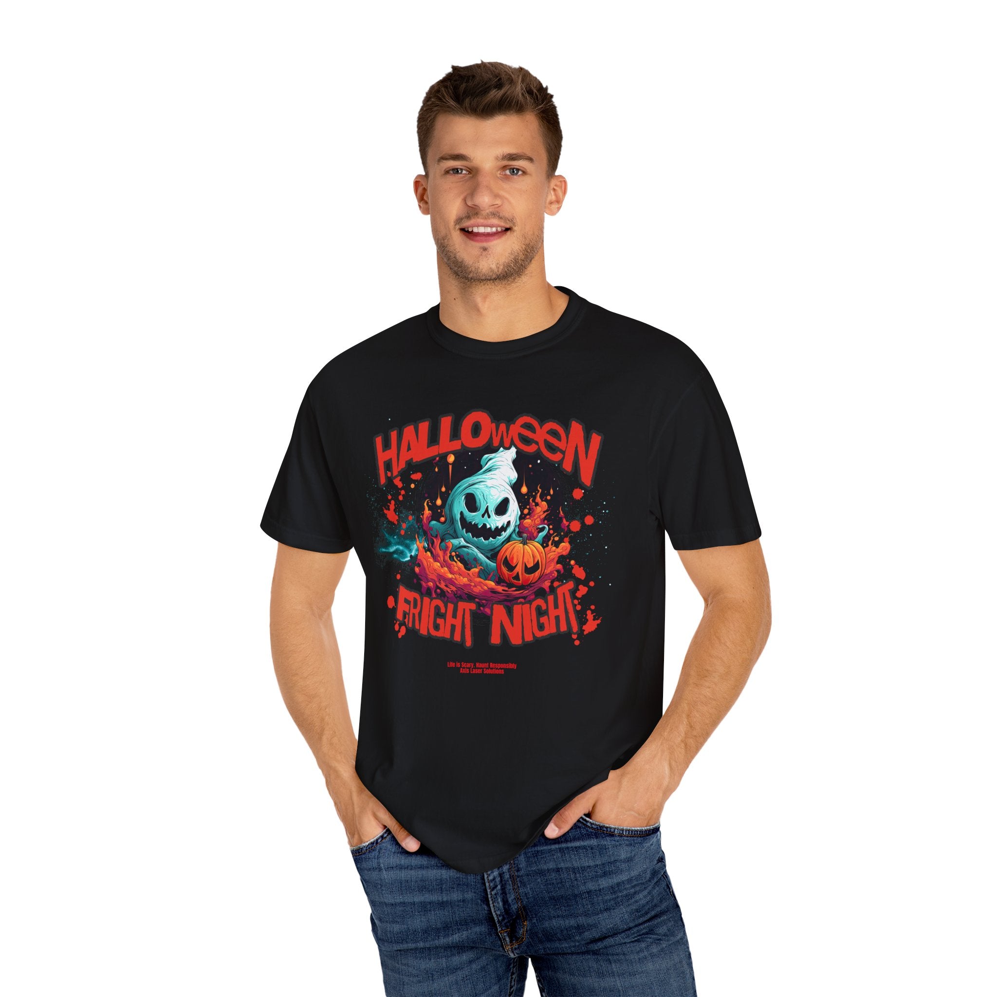 Halloween Fright Night Unisex Garment-Dyed T-Shirt, Spooky Tee, Fall Apparel, Halloween Costume, Trick or Treat Shirt, Ghost Design