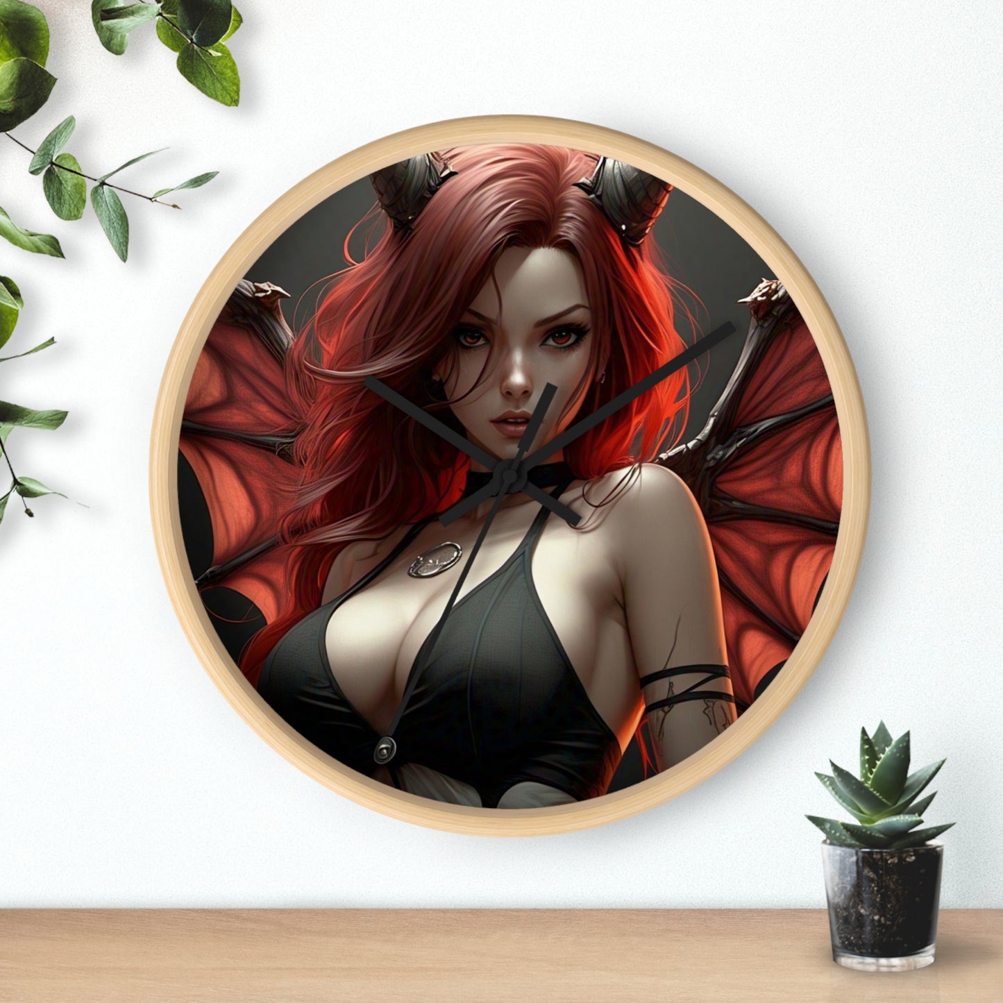 Gothic Fantasy Wall Clock, Unique Home Decor, Dark Aesthetic Clock, Red Haired Art, Gift for Collectors, Halloween Decoration