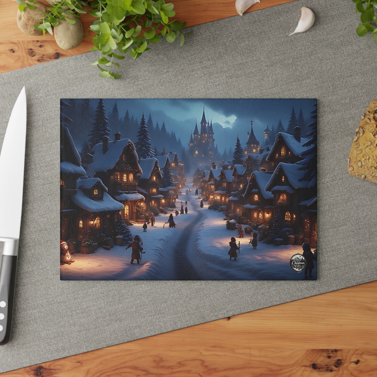 Winter Village Glass Cutting Board, Holiday Kitchen Decor, Christmas Gift, Decorative Cutting Board, Festive Home Accessory, Winter Cooking