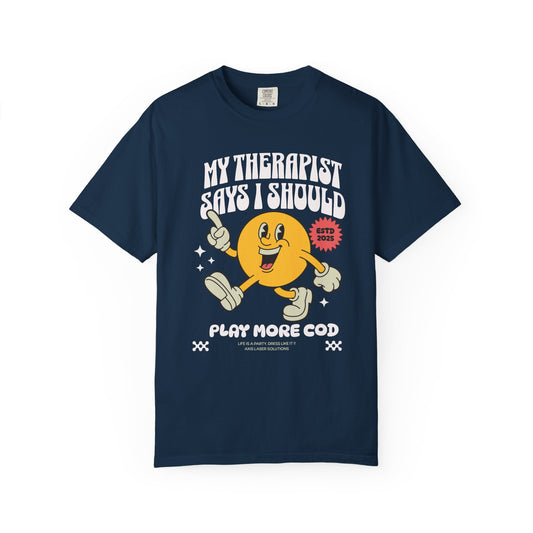 Play More COD T-Shirt, Unisex Garment-Dyed Tee, Gamer Gift, Fun Relaxed Style, Casual Brag Tee, Therapy Humor Shirt