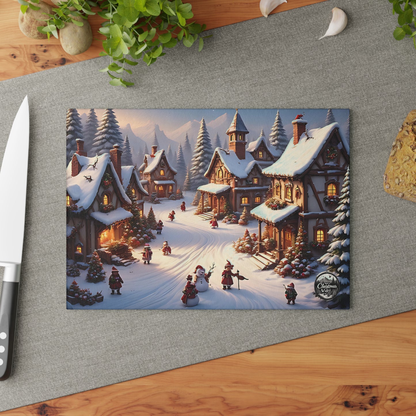 Charming Winter Village Glass Cutting Board, Holiday Kitchen Decor, Unique Gift for Home Chefs, Christmas Celebration, Rustic Style