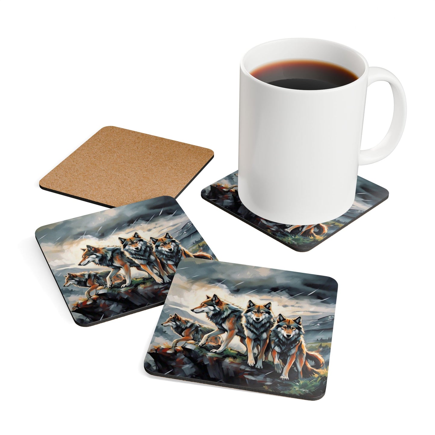 Wolf-Themed Cork Coaster Set, Rustic Home Decor, Nature Lover Gift, Eco-Friendly Drinkware, Animal Art Coasters