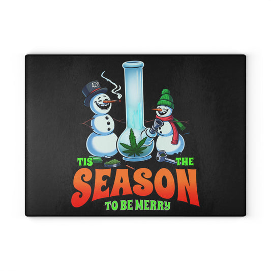 Festive Glass Cutting Board for Holiday Cooking, Christmas Kitchen Decor, Fun Gift for Chefs, Marijuana Humor, Snowman Theme