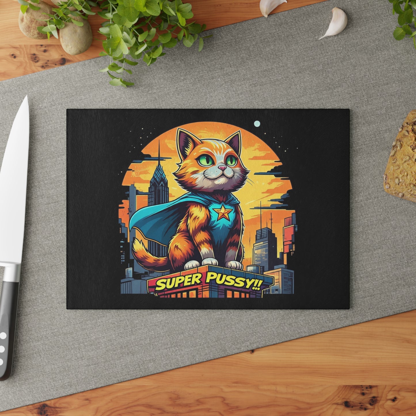 Heroic Cat Glass Cutting Board - Fun Kitchen Decor for Cat Lovers, Unique Gift for Pet Owners, Superhero Themed Kitchenware, Cat Lover [...]