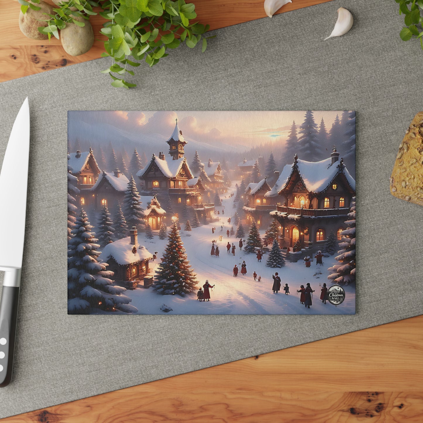 Cozy Winter Glass Cutting Board - Festive Kitchen Decor, Holiday Gift, Unique Culinary Art, Christmas Serving Tray, Seasonal Home Accent