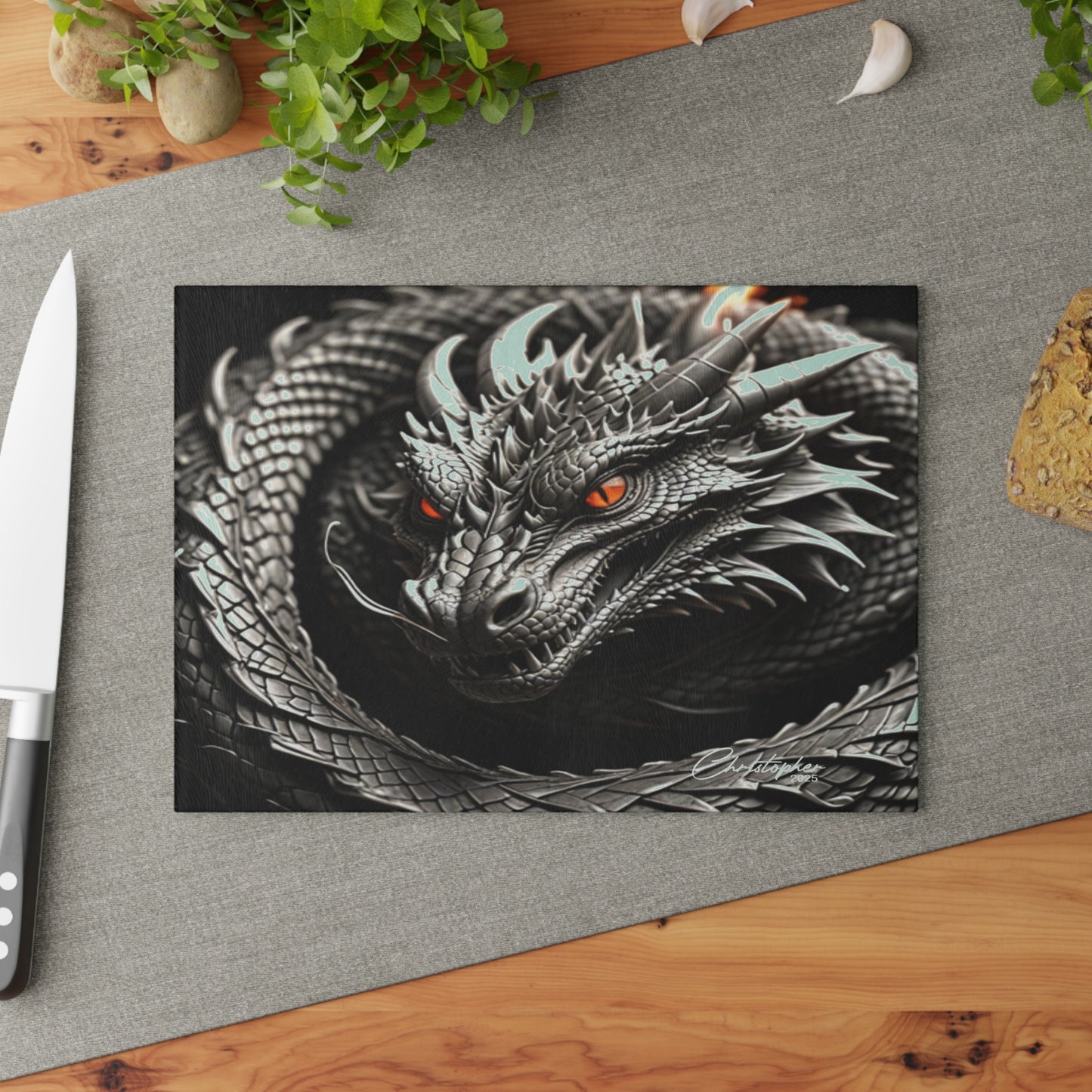 Dragon-Themed Glass Cutting Board, Kitchen Decor, Unique Gift for Chefs, Fantasy Homeware, Gift for Foodies, Dragon Art Cutting Board