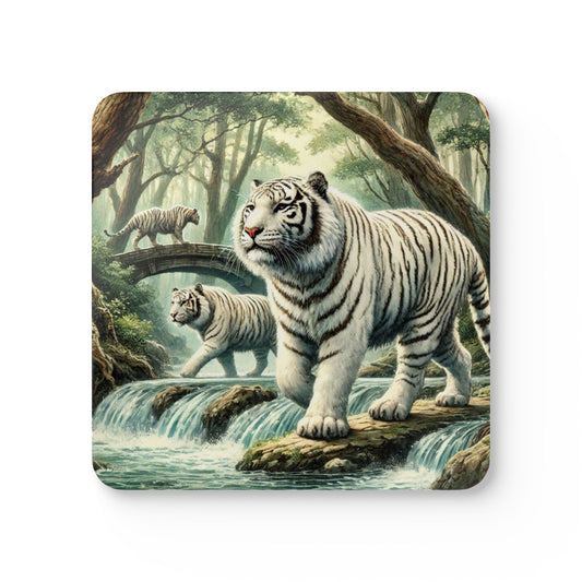 White Tiger Cork Coaster Set - Nature Theme, Rustic Home Decor, Animal Lovers Gift, Eco-Friendly Coasters, Wildlife Art