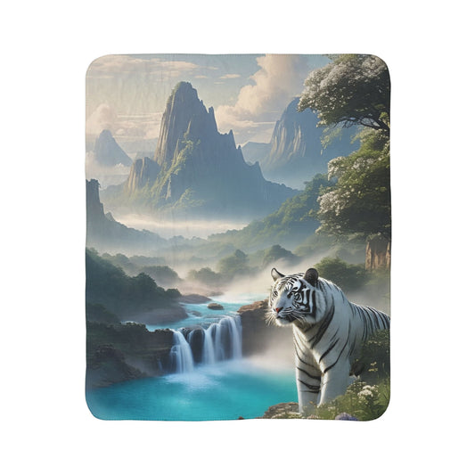 Fleece Sherpa Blanket with Majestic Tiger Landscape | Cozy Gift for Nature Lovers, Home Decor, Camping, Holiday Snuggles