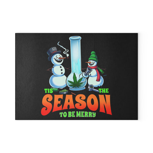 Festive Glass Cutting Board for Holiday Cooking, Christmas Kitchen Decor, Fun Gift for Chefs, Marijuana Humor, Snowman Theme