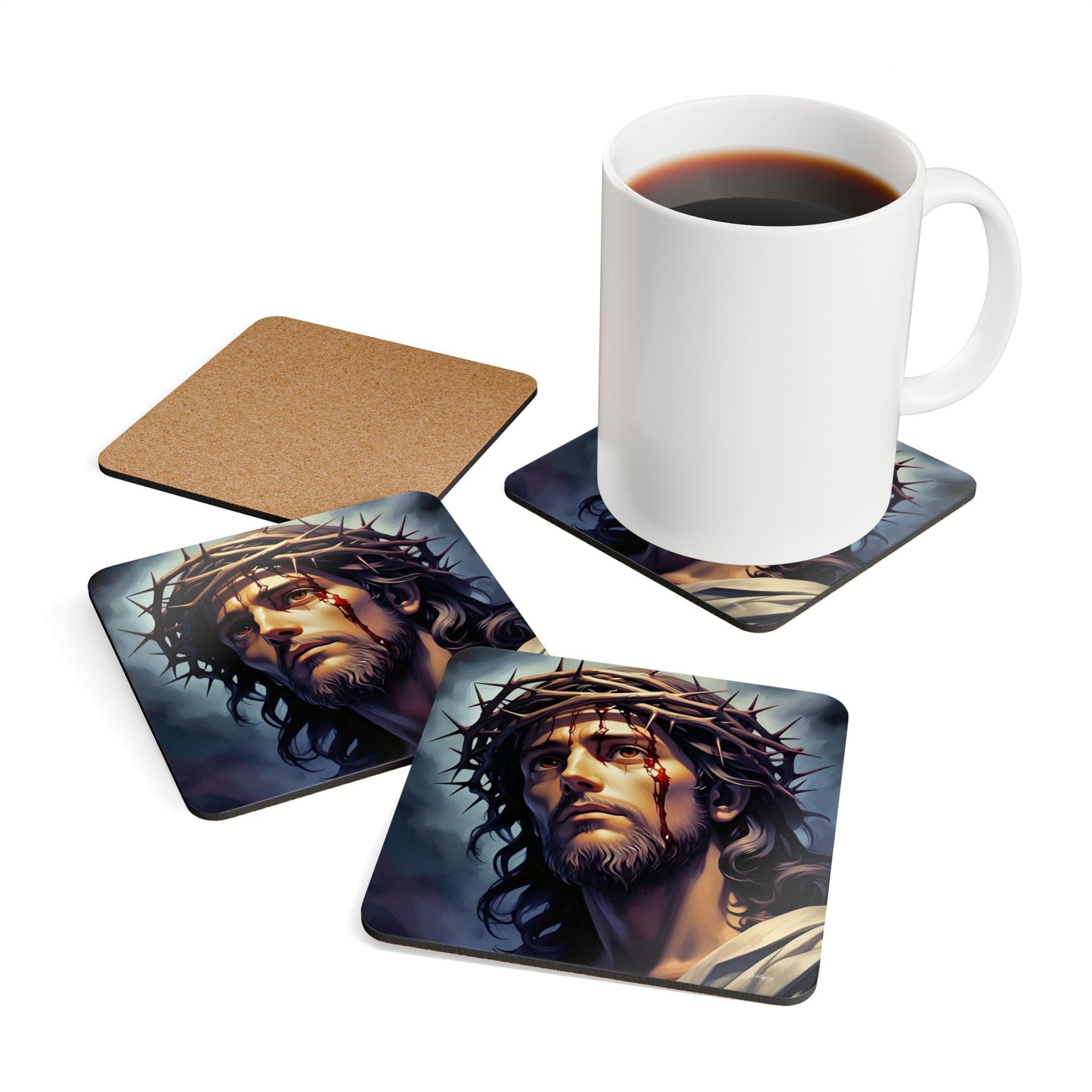 Religious Artwork Corkwood Coaster Set, Jesus Coasters, Christian Home Decor, Gift for Believers, Table Accessories for Faith