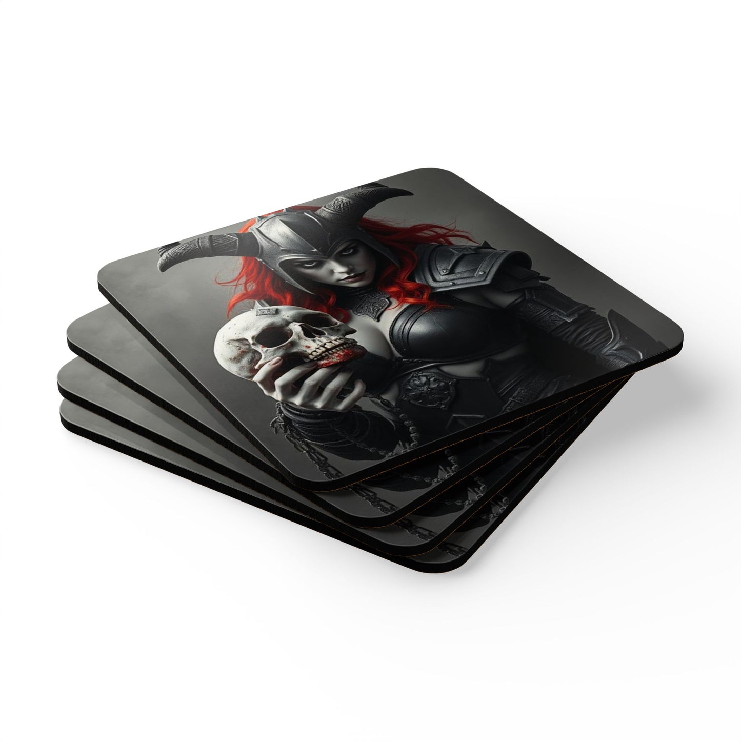 Gothic Fantasy Cork Coaster Set - Skull Warrior Design