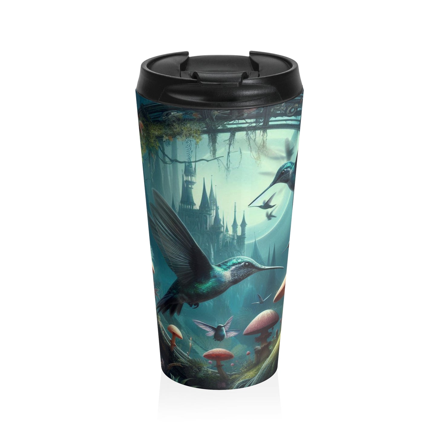 Fantasy Hummingbird Travel Mug, Enchanted Forest Design, Coffee Cup for Nature Lovers, Gift for Wildlife Enthusiasts, Adventure Travel Gear